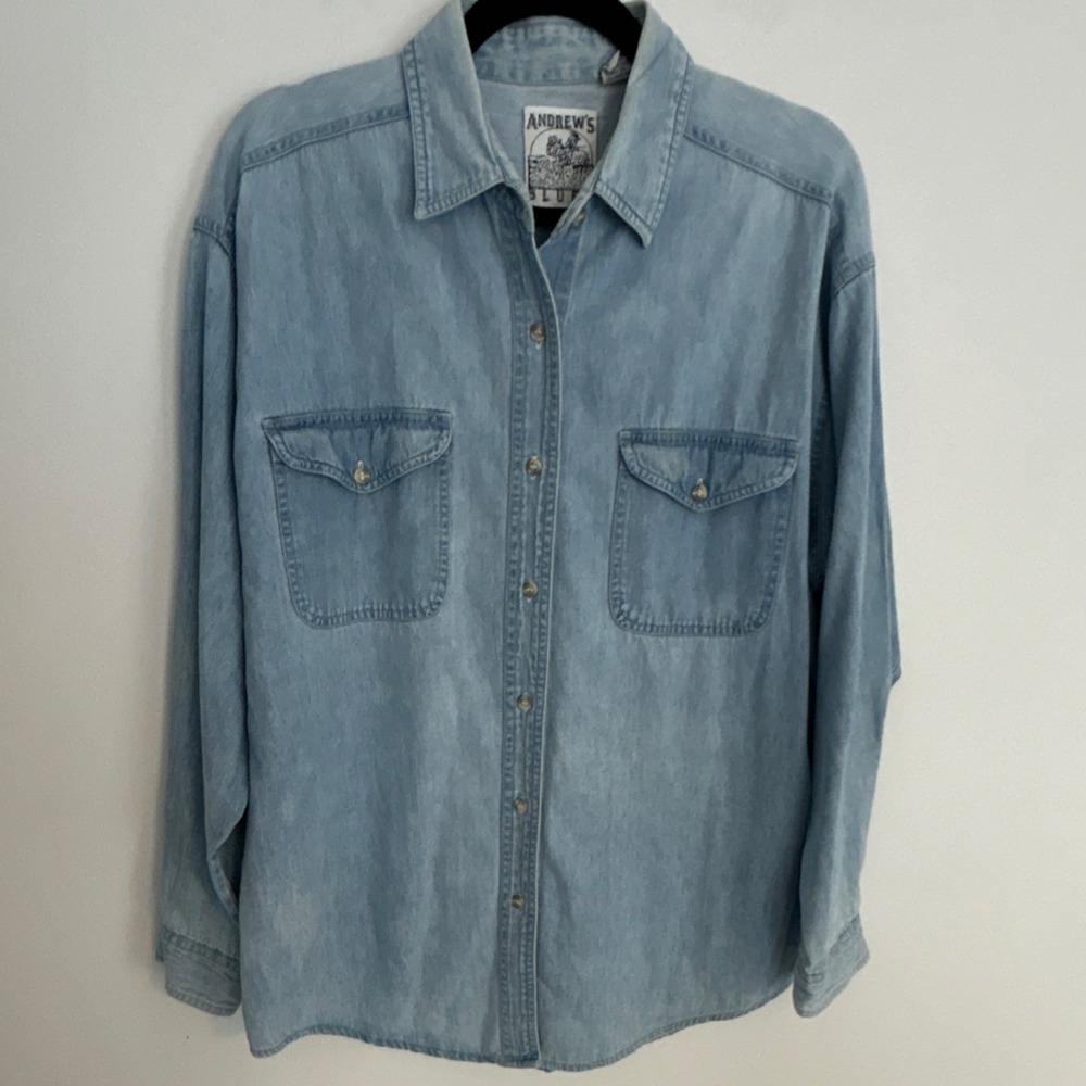 Andrew's Blues Women's   Light Blue Denim Cotton Button-Up Shirt Long Sleeve L